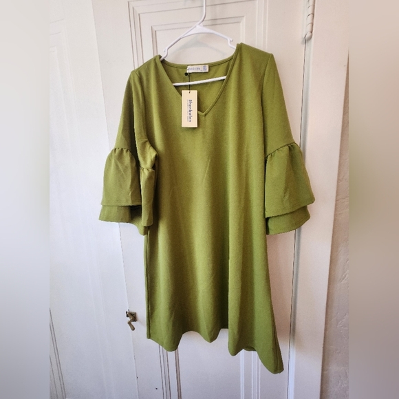 Midi Green Dress Sx XL NWT V Neck Tiered Bell Sleeve Fall Flirty Cocktail Dress - Picture 5 of 10